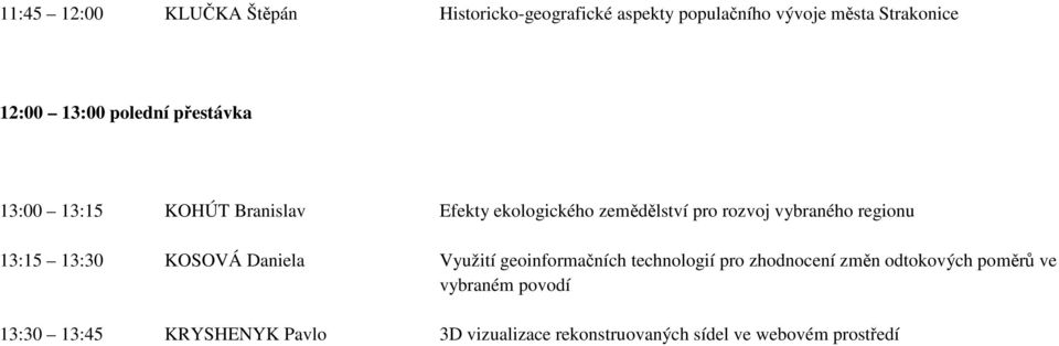 regionu 13:15 13:30 KOSOVÁ Daniela Využití geoinformačních technologií pro zhodnocení změn odtokových