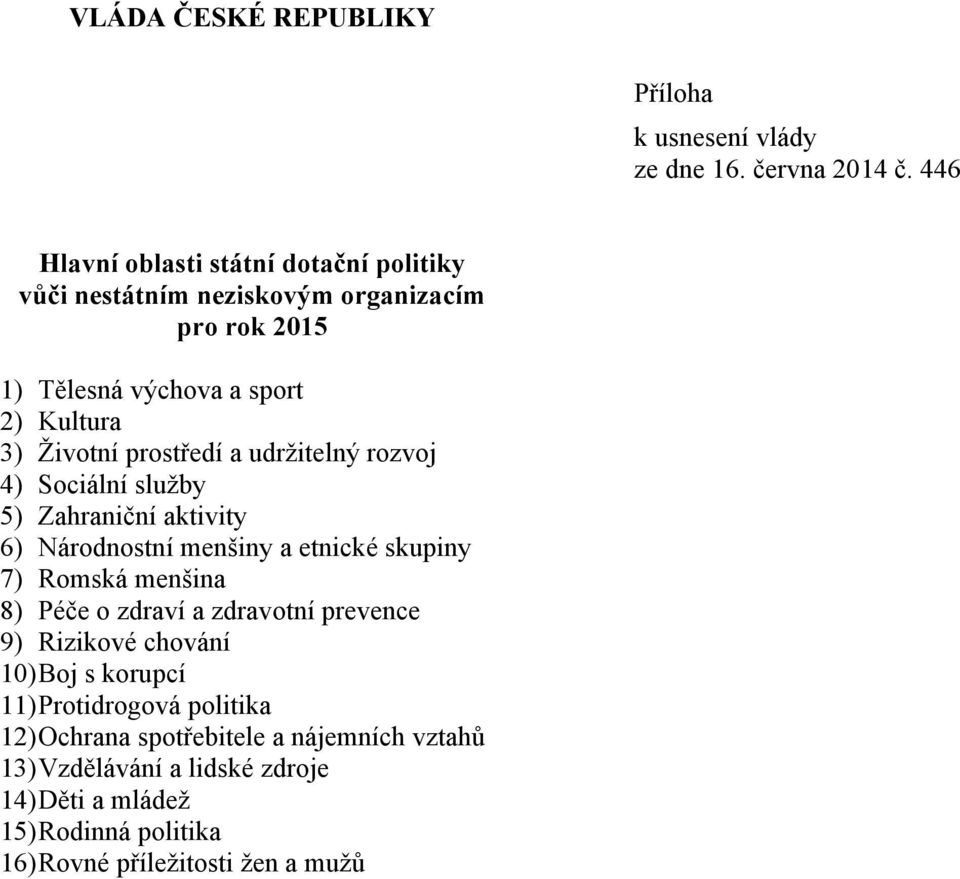 prostředí a udržitelný rozvoj 4) Sociální služby 5) Zahraniční aktivity 6) Národnostní menšiny a etnické skupiny 7) Romská menšina 8) Péče o zdraví