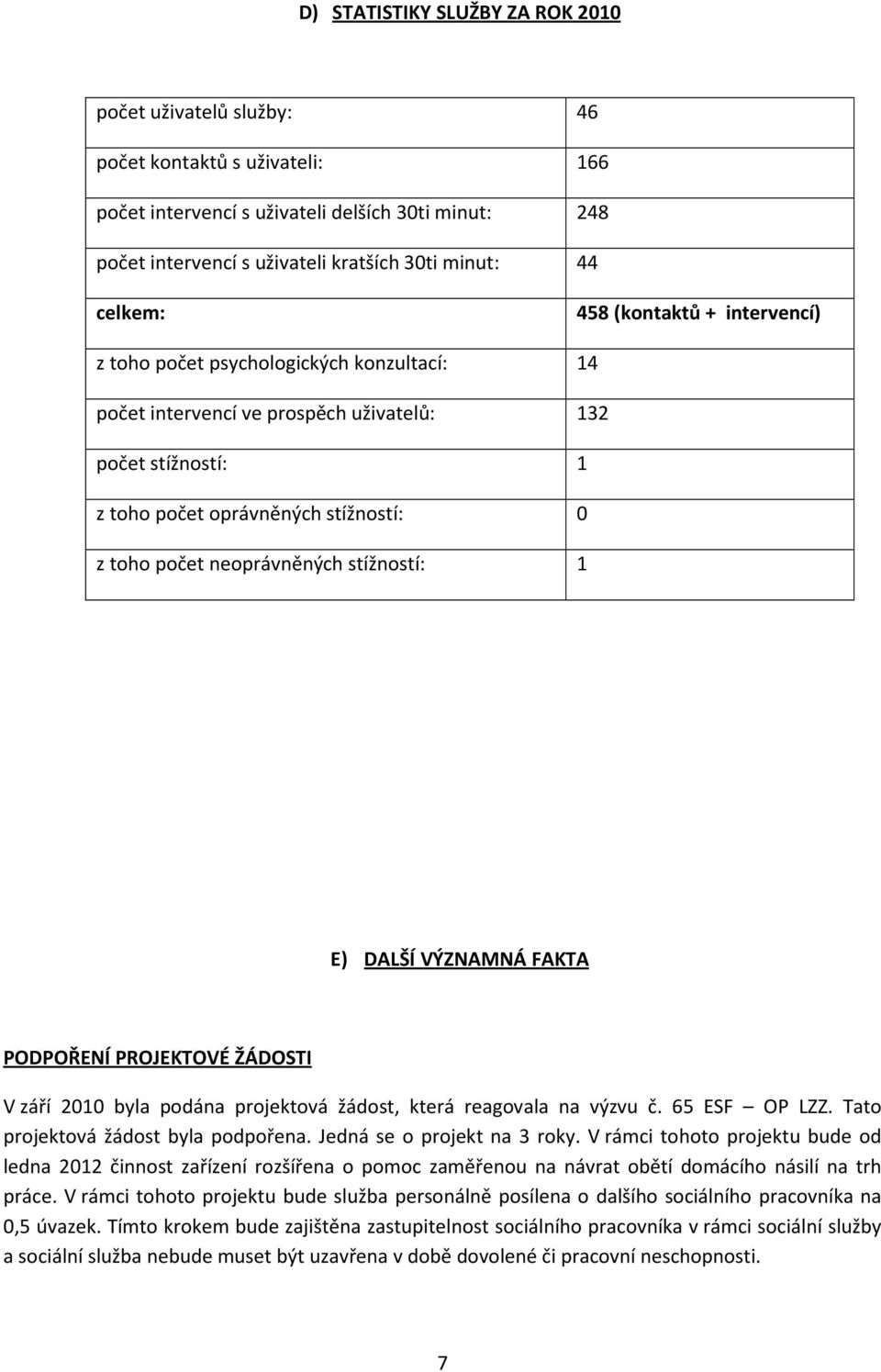 neoprávněných stížností: 1 E) DALŠÍ VÝZNAMNÁ FAKTA PODPOŘENÍ PROJEKTOVÉ ŽÁDOSTI V září 2010 byla podána projektová žádost, která reagovala na výzvu č. 65 ESF OP LZZ.