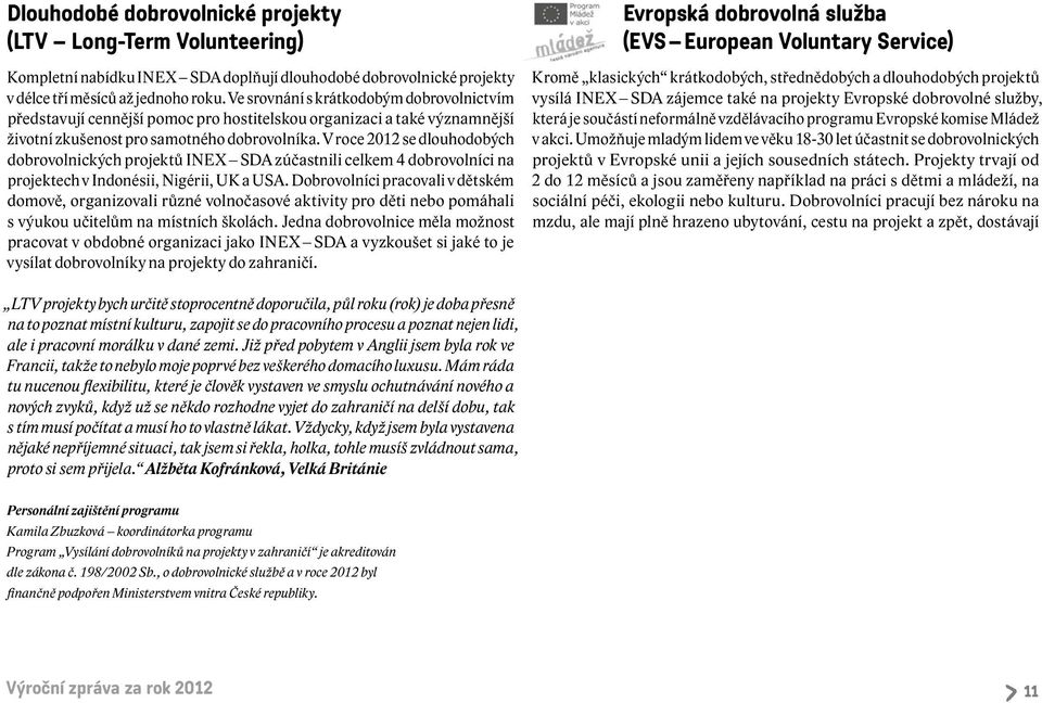 V roce 2012 se dlouhodobých dobrovolnických projektů INEX SDA zúčastnili celkem 4 dobrovolníci na projektech v Indonésii, Nigérii, UK a USA.