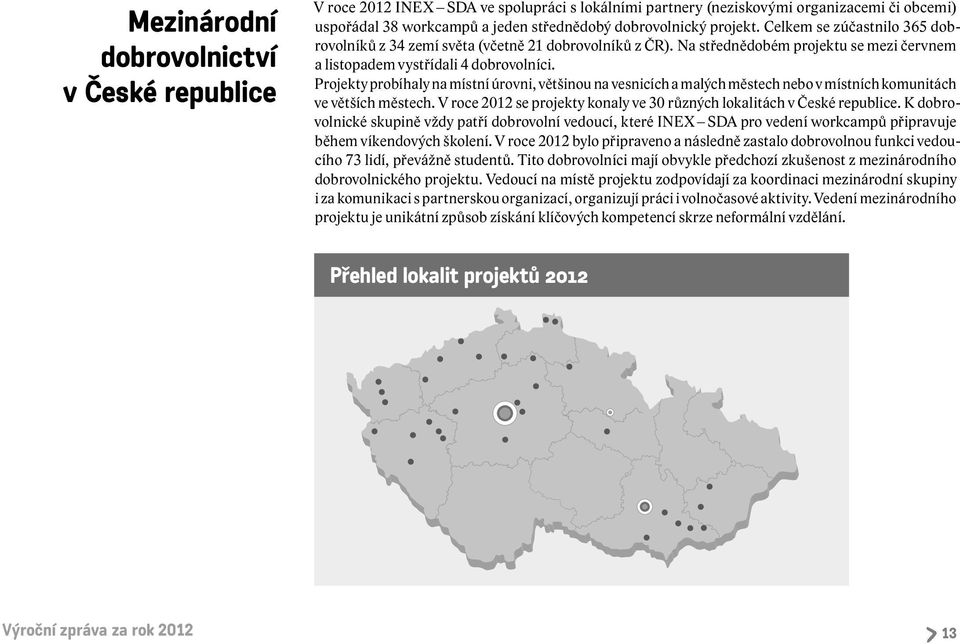 Projekty probíhaly na místní úrovni, většinou na vesnicích a malých městech nebo v místních komunitách ve větších městech. V roce 2012 se projekty konaly ve 30 různých lokalitách v České republice.