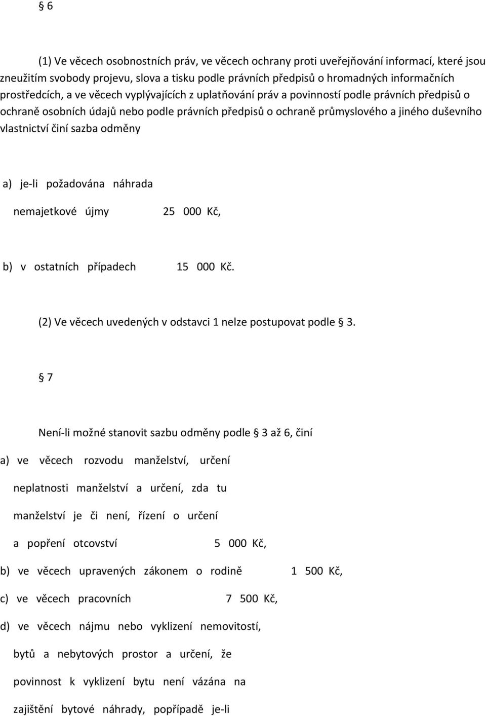 sazba odměny a) je li požadována náhrada nemajetkové újmy 25 000 Kč, b) v ostatních případech 15 000 Kč. (2) Ve věcech uvedených v odstavci 1 nelze postupovat podle 3.