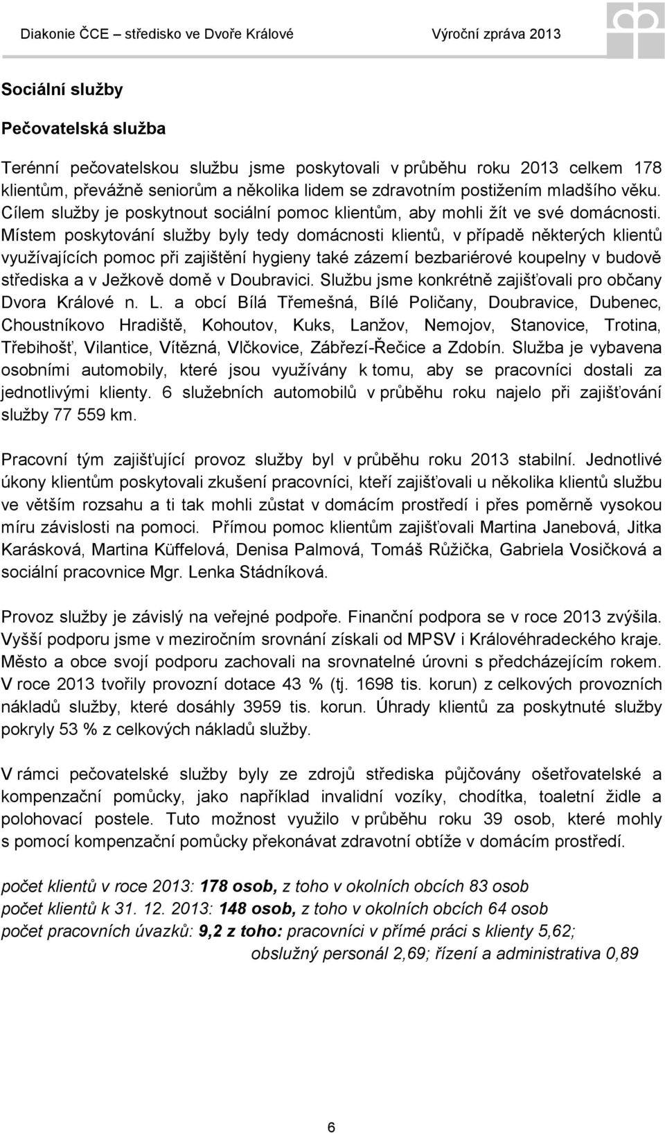 Místem poskytování služby byly tedy domácnosti klientů, v případě některých klientů využívajících pomoc při zajištění hygieny také zázemí bezbariérové koupelny v budově střediska a v Ježkově domě v