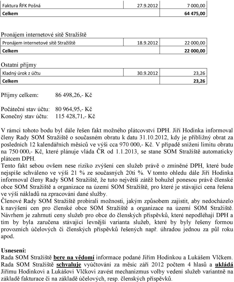 Jiří Hodinka informoval členy Rady SOM Stražiště o současném obratu k datu 31.10.2012, kdy je přibližný obrat za posledních 12 kalendářních měsíců ve výši cca 970 000,- Kč.