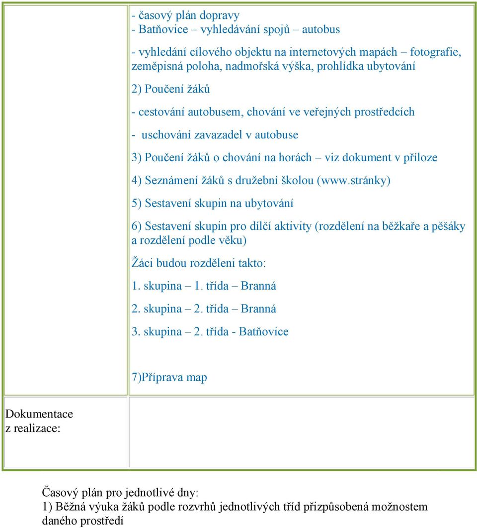 stránky) 5) Sestavení skupin na ubytování 6) Sestavení skupin pro dílčí aktivity (rozdělení na běžkaře a pěšáky a rozdělení podle věku) Žáci budou rozděleni takto: 1. skupina 1. třída Branná 2.