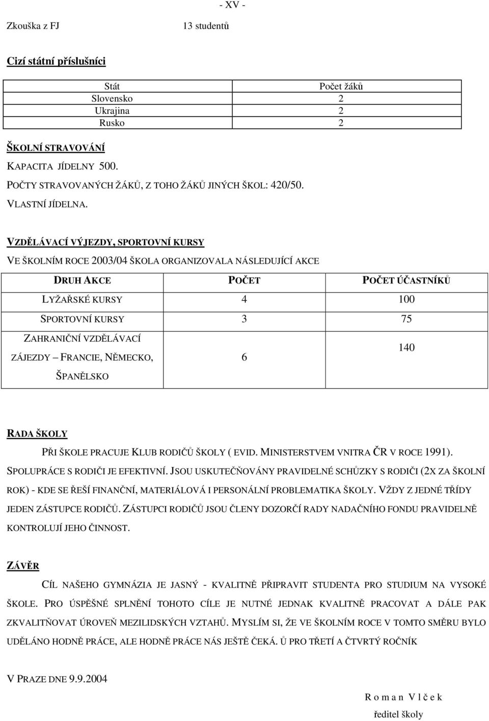 VZDĚLÁVACÍ VÝJEZDY, SPORTOVNÍ KURSY VE ŠKOLNÍM ROCE 2003/04 ŠKOLA ORGANIZOVALA NÁSLEDUJÍCÍ AKCE DRUH AKCE POČET POČET ÚČASTNÍKŮ LYŽAŘSKÉ KURSY 4 100 SPORTOVNÍ KURSY 3 75 ZAHRANIČNÍ VZDĚLÁVACÍ ZÁJEZDY