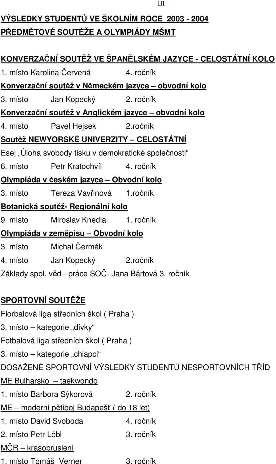 ročník Soutěž NEWYORSKÉ UNIVERZITY CELOSTÁTNÍ Esej Úloha svobody tisku v demokratické společnosti 6. místo Petr Kratochvíl 4. ročník Olympiáda v českém jazyce Obvodní kolo 3. místo Tereza Vavřinová 1.