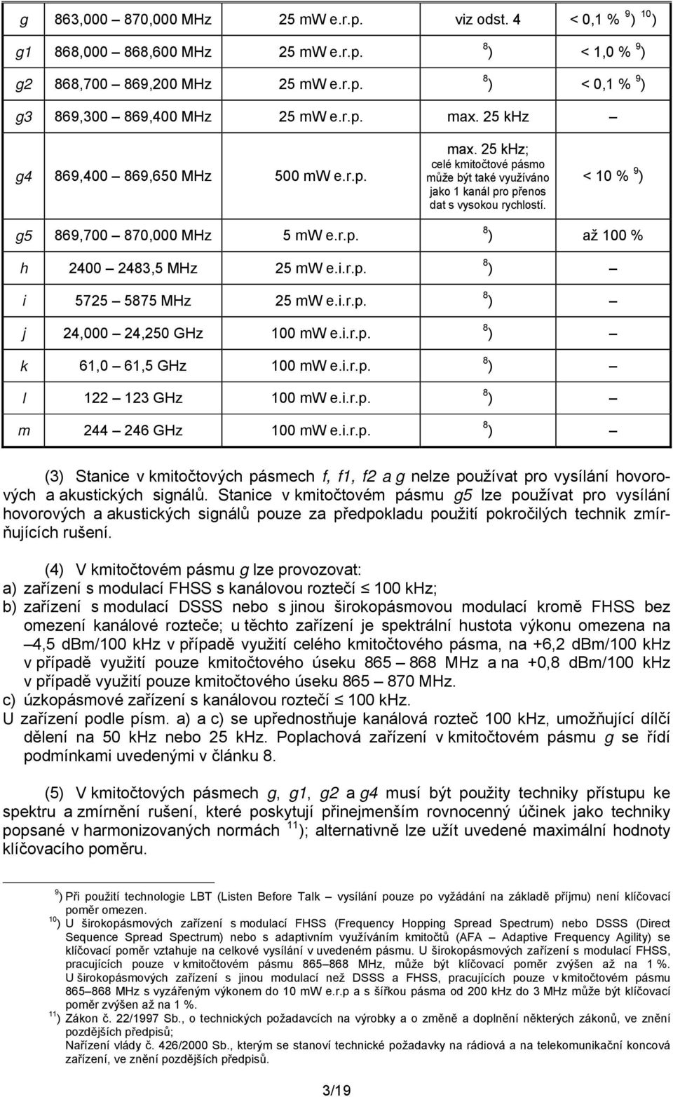 < 10 % 9 ) g5 869,700 870,000 MHz 5 mw e.r.p. h 2400 2483,5 MHz 25 mw e.i.r.p. i 5725 5875 MHz 25 mw e.i.r.p. j 24,000 24,250 GHz 100 mw e.i.r.p. k 61,0 61,5 GHz 100 mw e.i.r.p. l 122 123 GHz 100 mw e.