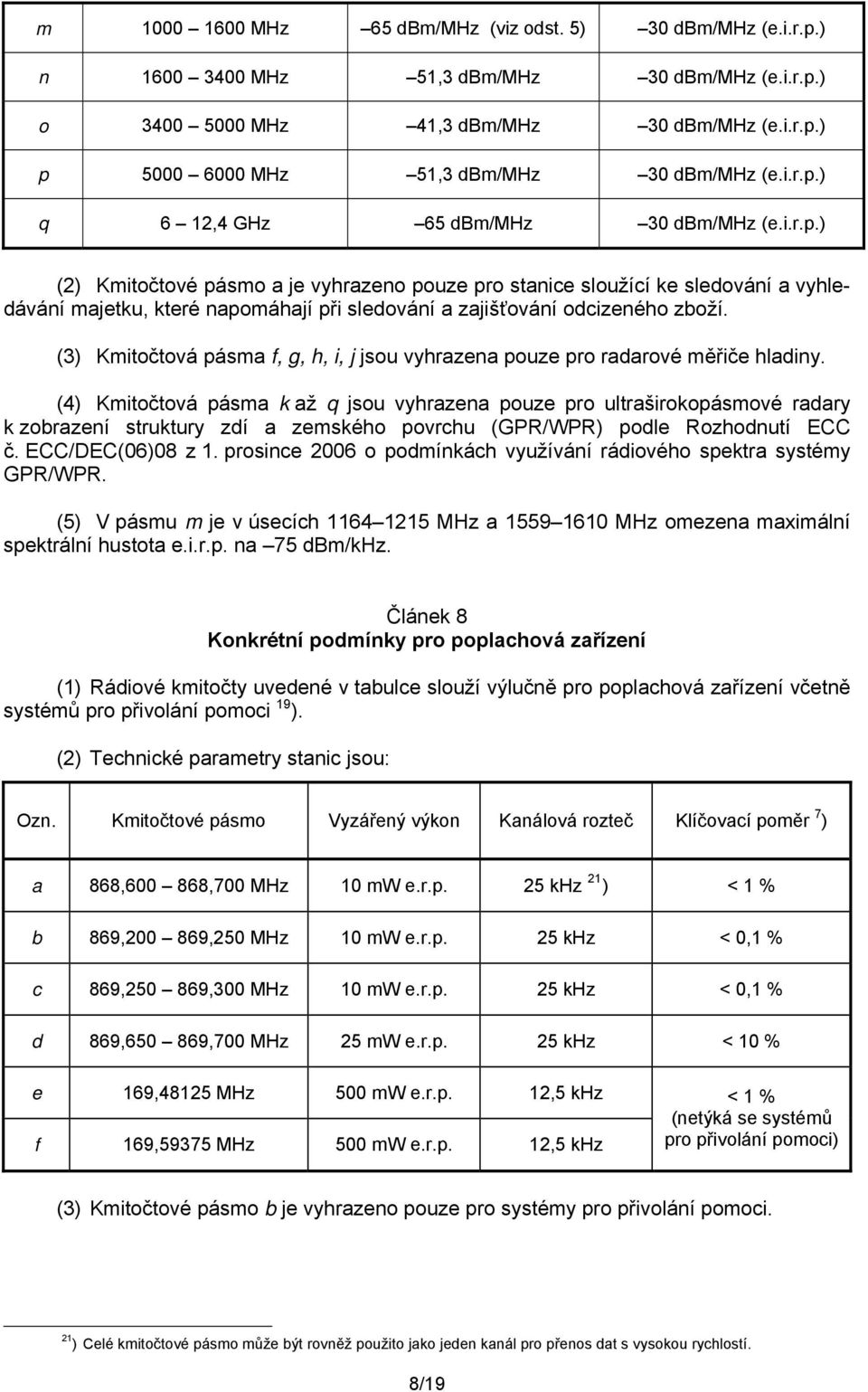 (3) Kmitočtová pásma f, g, h, i, j jsou vyhrazena pouze pro radarové měřiče hladiny.