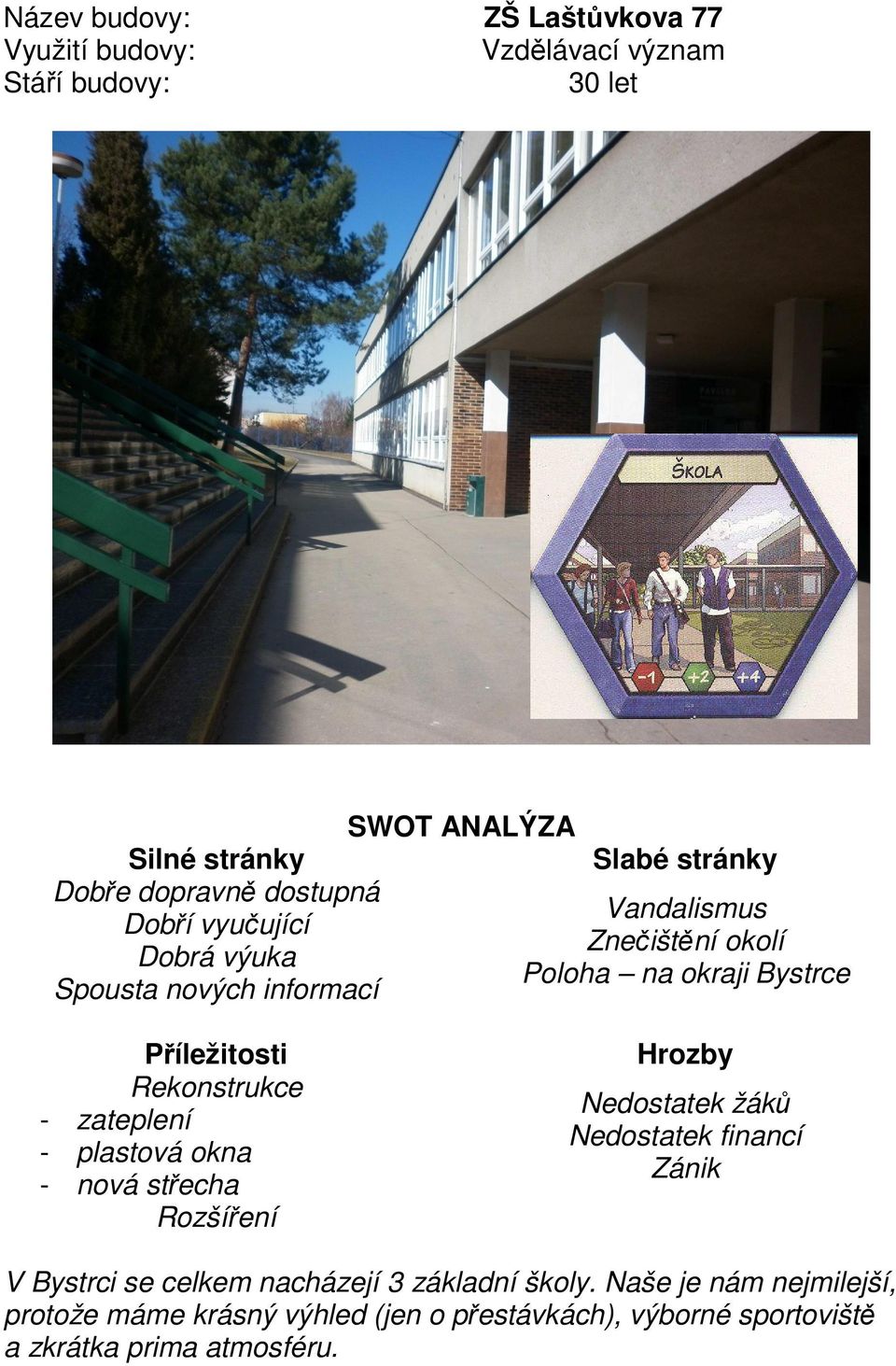 okna - nová střecha Rozšíření Nedostatek žáků Nedostatek financí Zánik V Bystrci se celkem nacházejí 3 základní