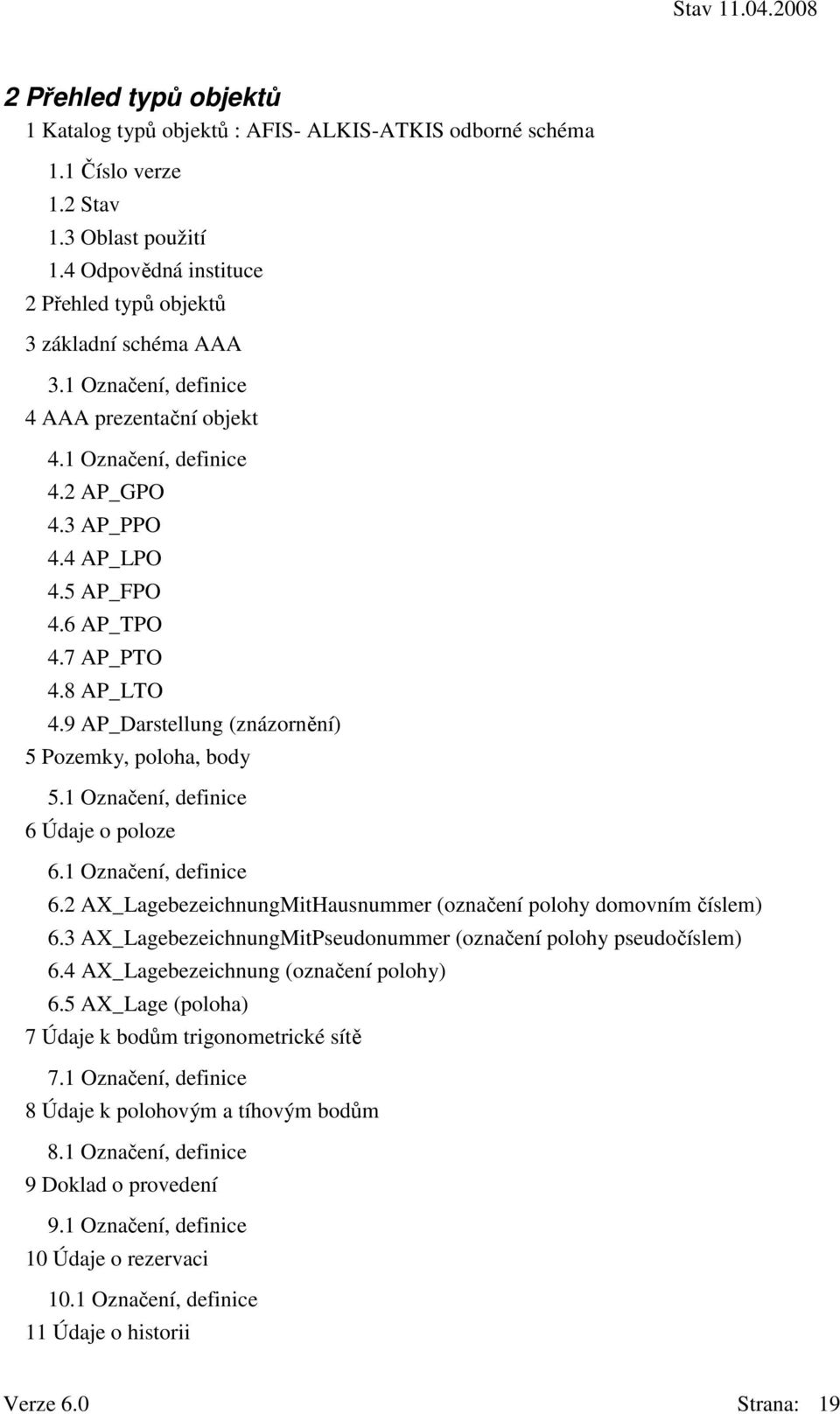 9 AP_Darstellung (znázornění) 5 Pozemky, poloha, body 5.1 Označení, definice 6 Údaje o poloze 6.1 Označení, definice 6.2 AX_LagebezeichnungMitHausnummer (označení polohy domovním číslem) 6.