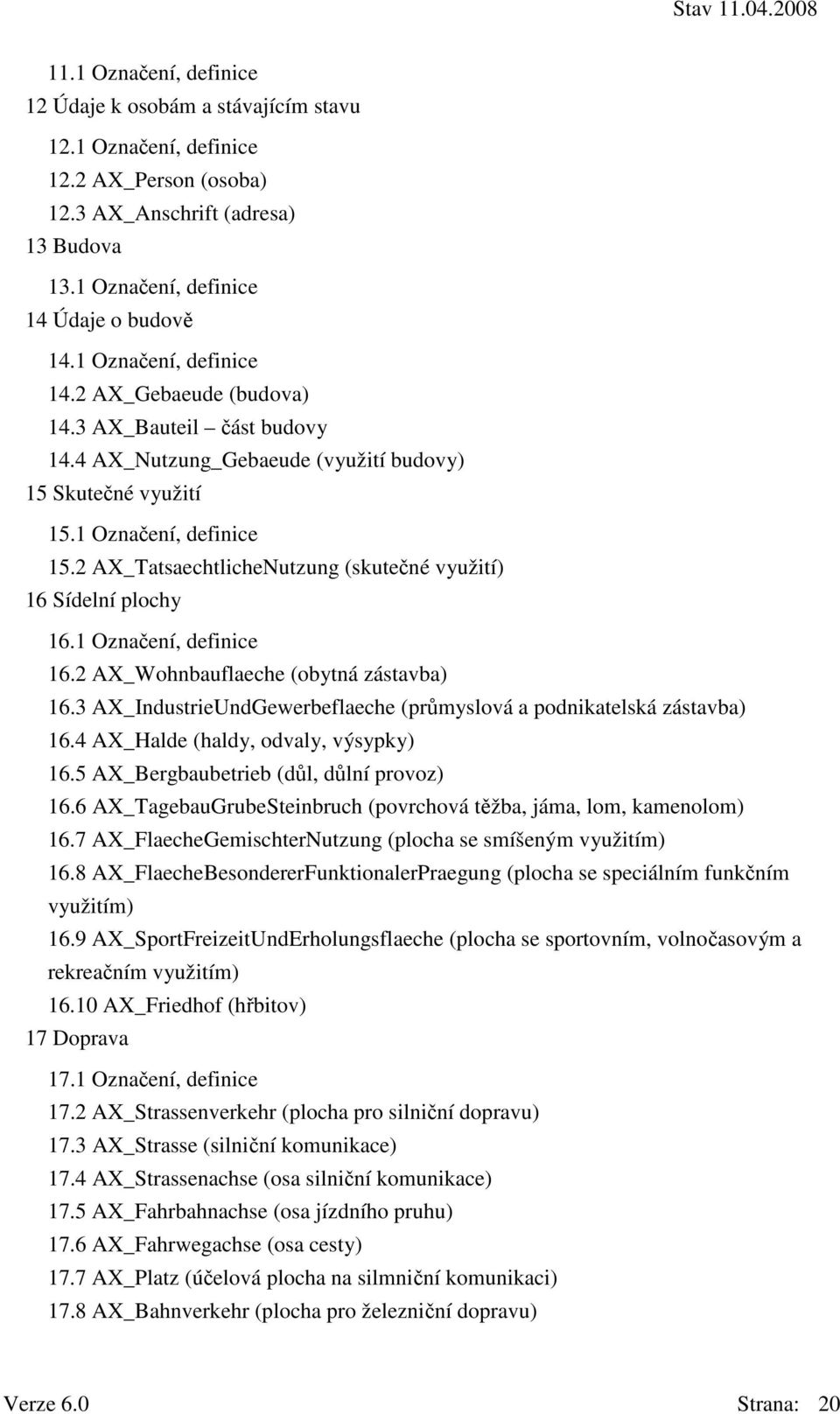 2 AX_TatsaechtlicheNutzung (skutečné využití) 16 Sídelní plochy 16.1 Označení, definice 16.2 AX_Wohnbauflaeche (obytná zástavba) 16.