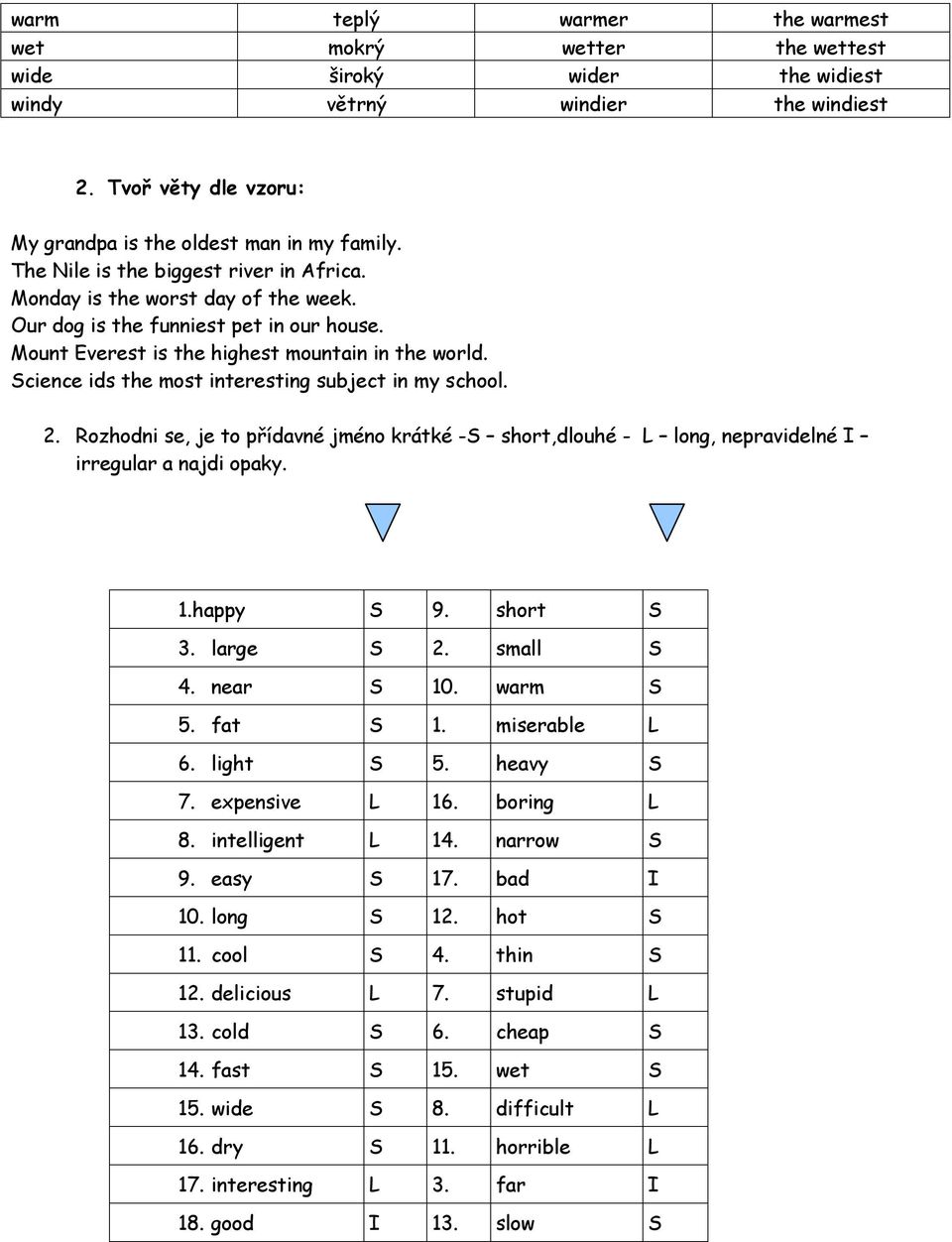 Science ids the most interesting subject in my school. 2. Rozhodni se, je to přídavné jméno krátké -S short,dlouhé - L long, nepravidelné I irregular a najdi opaky. 1.happy S 9. short S 3. large S 2.