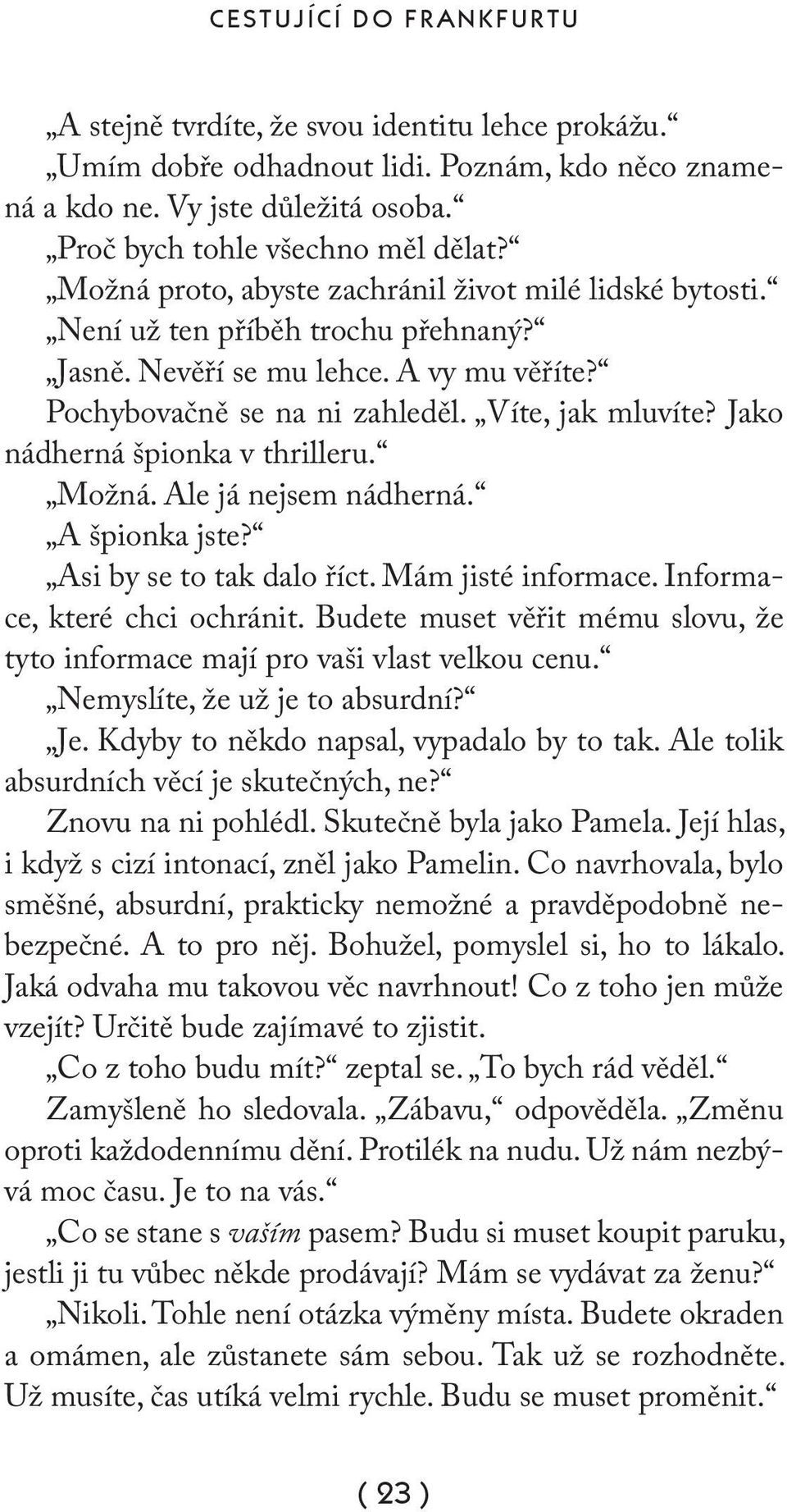 Jako nádherná špionka v thrilleru. Možná. Ale já nejsem nádherná. A špionka jste? Asi by se to tak dalo říct. Mám jisté informace. Informace, které chci ochránit.