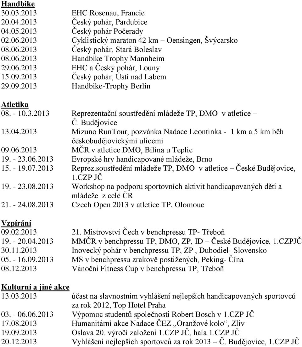 Budějovice 13.04.2013 Mizuno RunTour, pozvánka Nadace Leontinka - 1 km a 5 km běh českobudějovickými ulicemi 09.06.2013 MČR v atletice DMO, Bílina u Teplic 19. - 23.06.2013 Evropské hry handicapované mládeže, Brno 15.