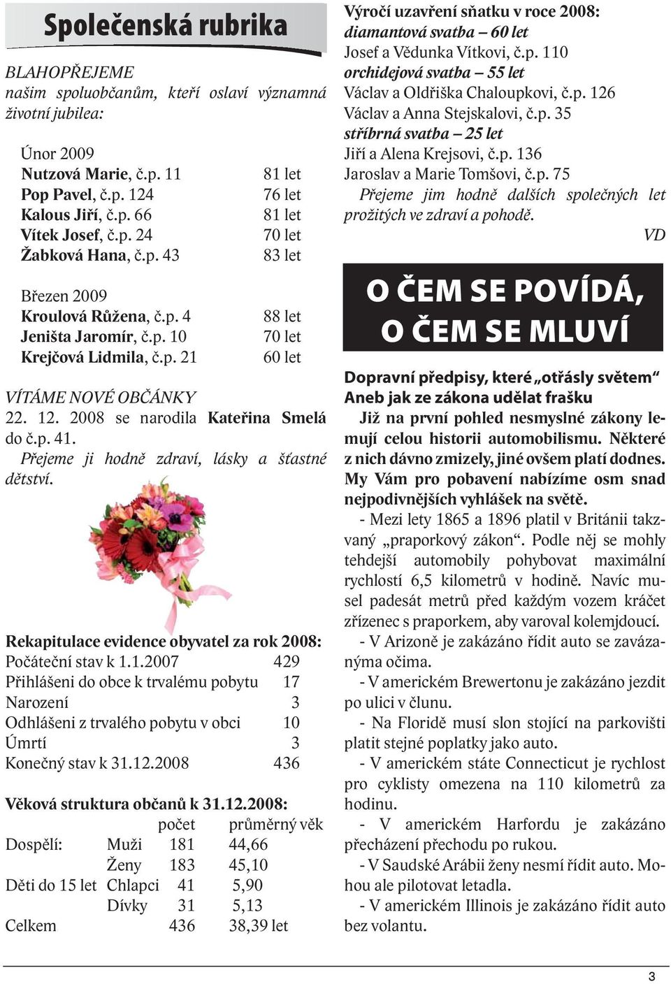 2008 se narodila Kateřina Smelá do č.p. 41. Přejeme ji hodně zdraví, lásky a šťastné dětství. Rekapitulace evidence obyvatel za rok 2008: Počáteční stav k 1.1.2007 429 Přihlášeni do obce k trvalému pobytu 17 Narození 3 Odhlášeni z trvalého pobytu v obci 10 Úmrtí 3 Konečný stav k 31.