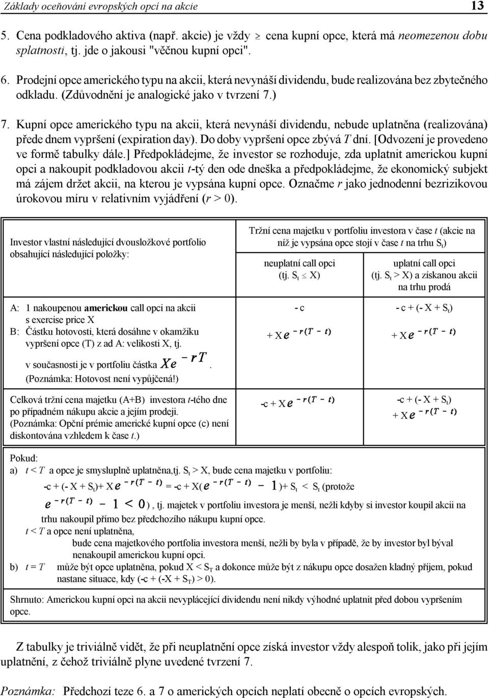 Kupní opce amerického typu na akcii, která nevynáší dividendu, nebude uplatněna (realizována) přede dnem vypršení (expiration day). Do doby vypršení opce zbývá T dní.