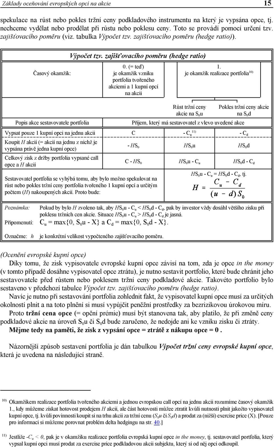 Časový okamžik: Výpočet tzv. zajišťovacího poměru (hedge ratio) 0. (= teď) je okamžik vzniku portfolia tvořeného akciemi a 1 kupní opcí na akcii 1.