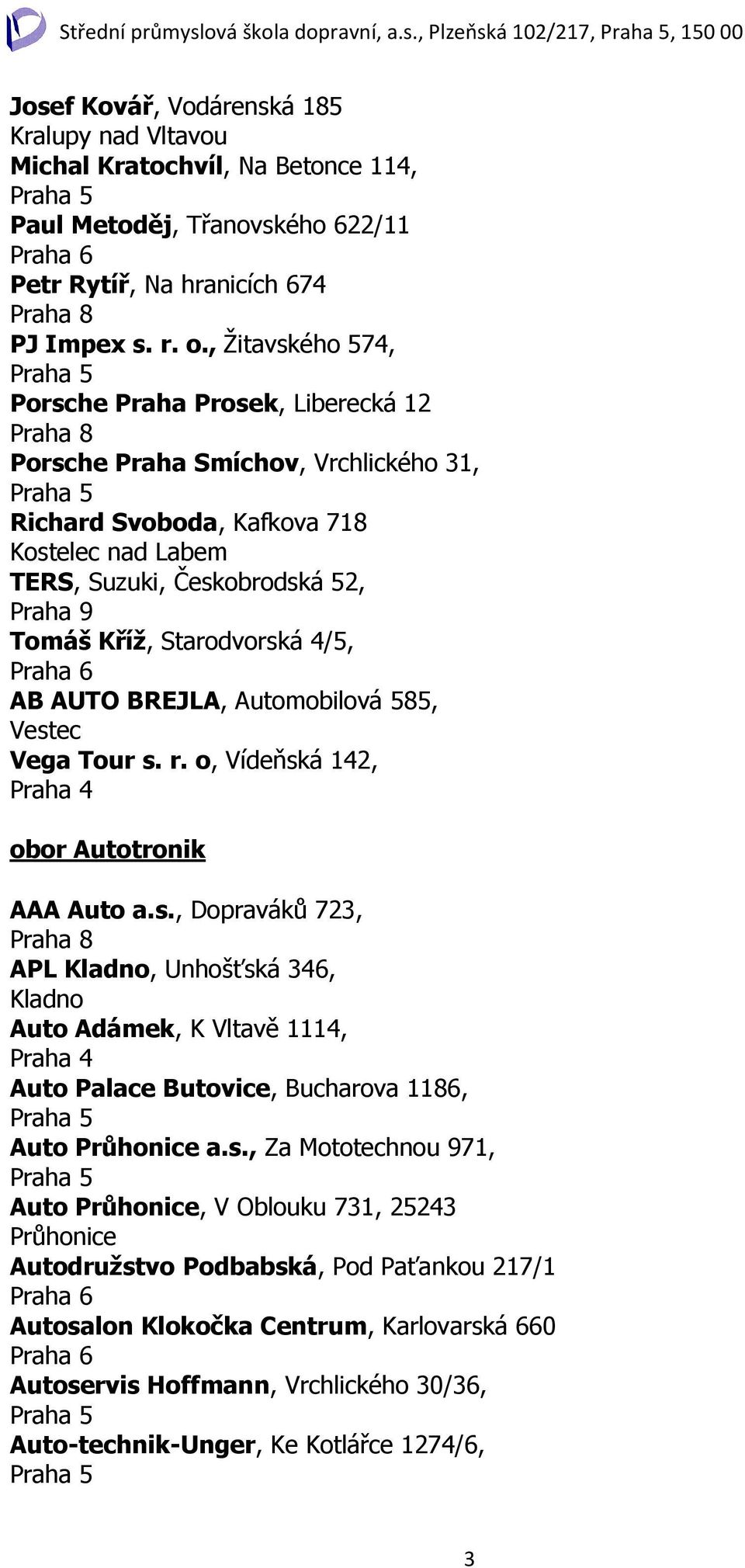 Starodvorská 4/5, AB AUTO BREJLA, Automobilová 585, Vestec Vega Tour s. r. o, Vídeňská 142, obor Autotronik AAA Auto a.s., Dopraváků 723, APL Kladno, Unhošťská 346, Kladno Auto Adámek, K Vltavě 1114, Auto Palace Butovice, Bucharova 1186, Auto Průhonice a.