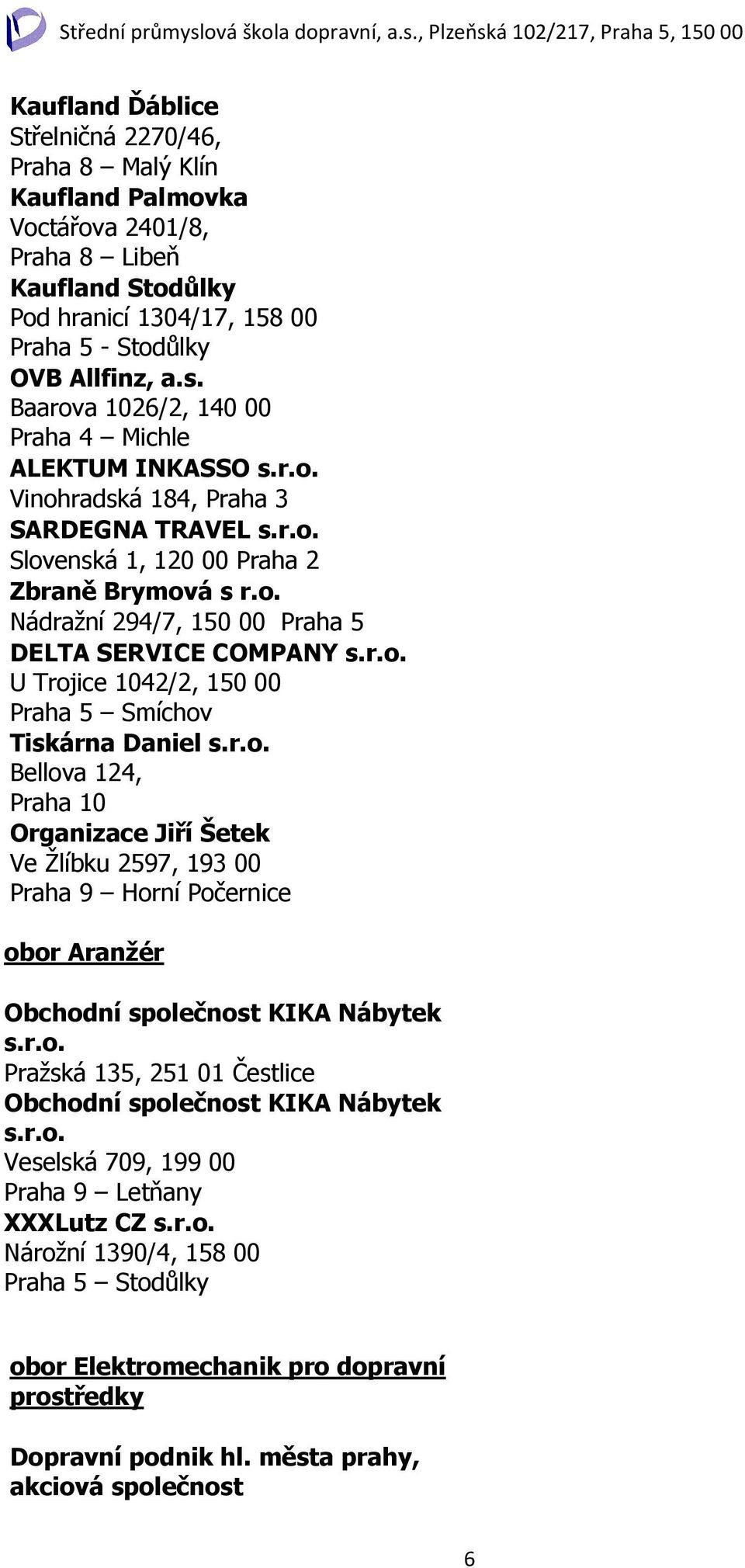 , Plzeňská 102/217,, 150 00 Kaufland Ďáblice Střelničná 2270/46, Malý Klín Kaufland Palmovka Voctářova 2401/8, Libeň Kaufland Stodůlky Pod hranicí 1304/17, 158 00 - Stodůlky OVB Allfinz, a.s. Baarova 1026/2, 140 00 Michle ALEKTUM INKASSO s.