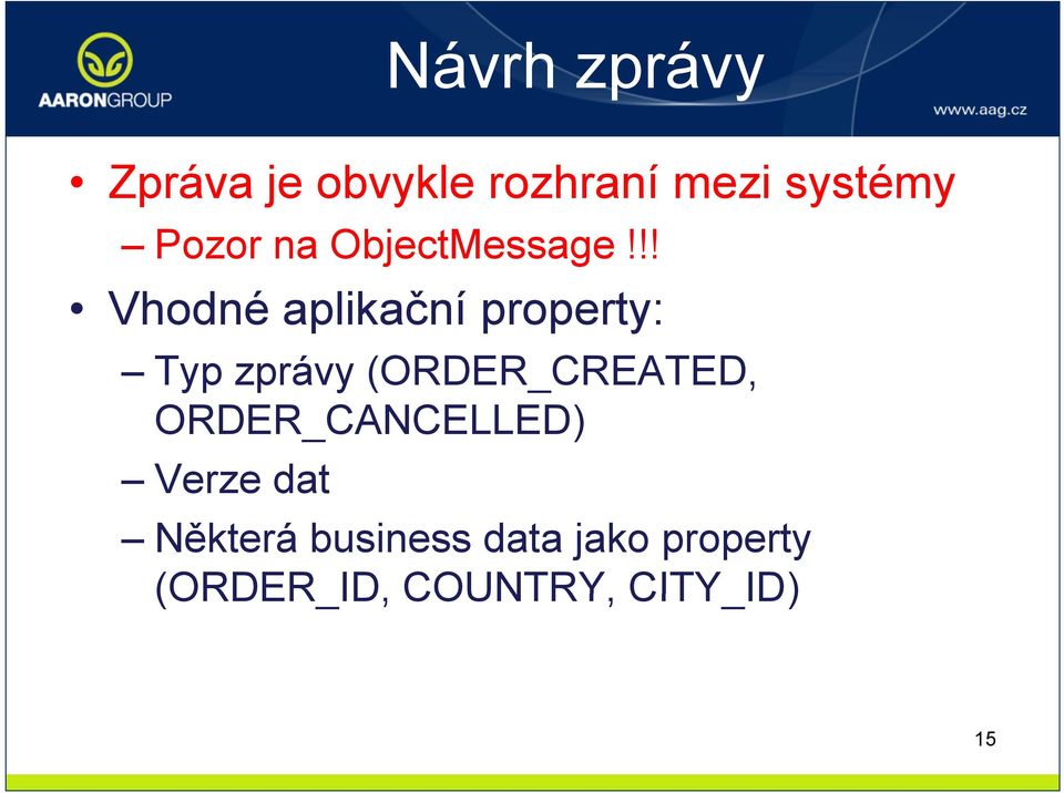 !! Vhodné aplikační č property: Typ zprávy (ORDER_CREATED,