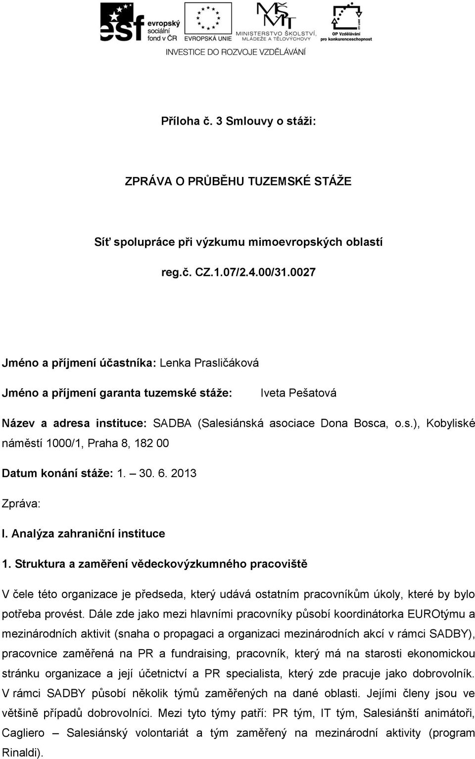 30. 6. 2013 Zpráva: I. Analýza zahraniční instituce 1.