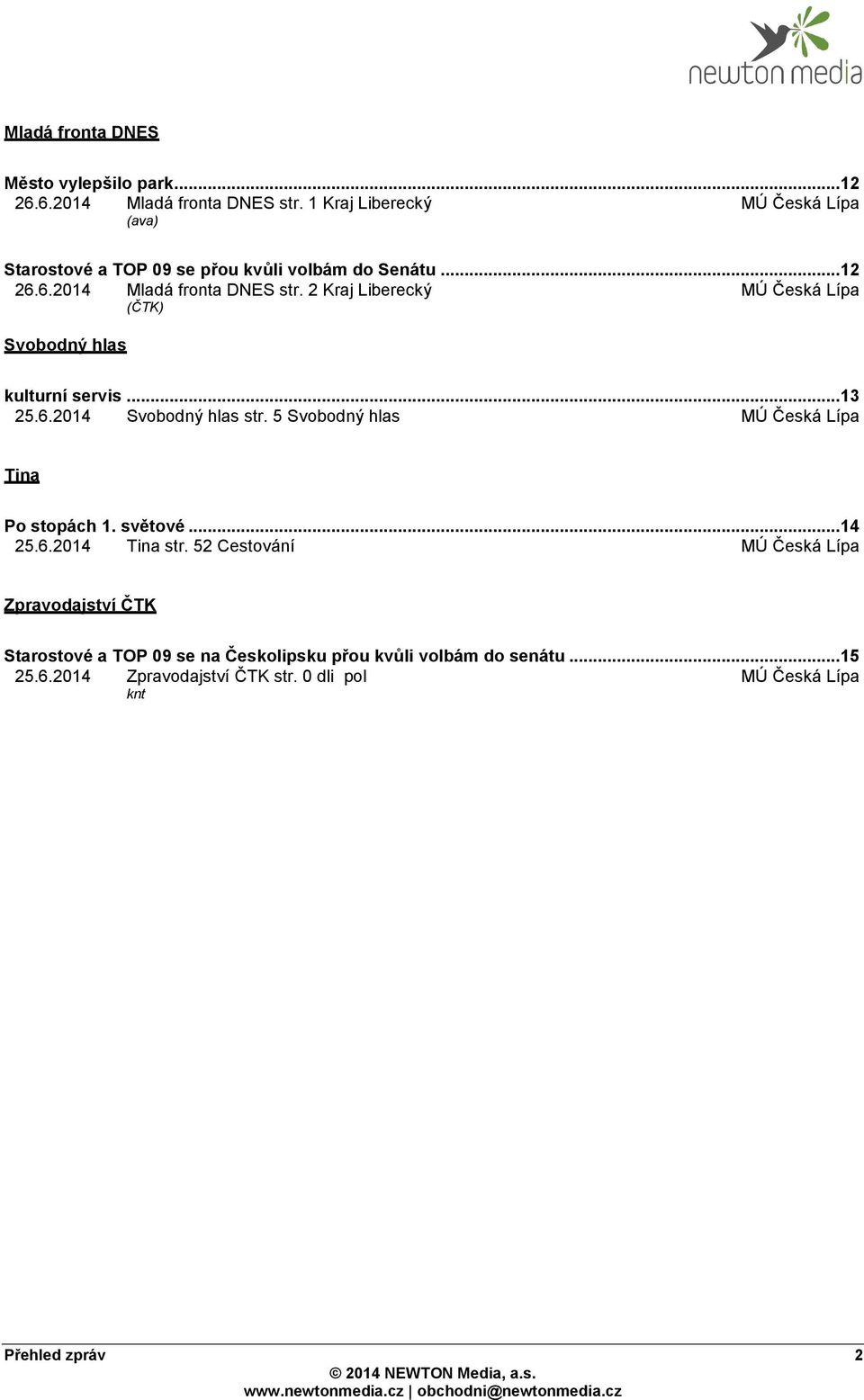 2 Kraj Liberecký (ČTK) Svobodný hlas kulturní servis... 13 25.6.2014 Svobodný hlas str. 5 Svobodný hlas Tina Po stopách 1.