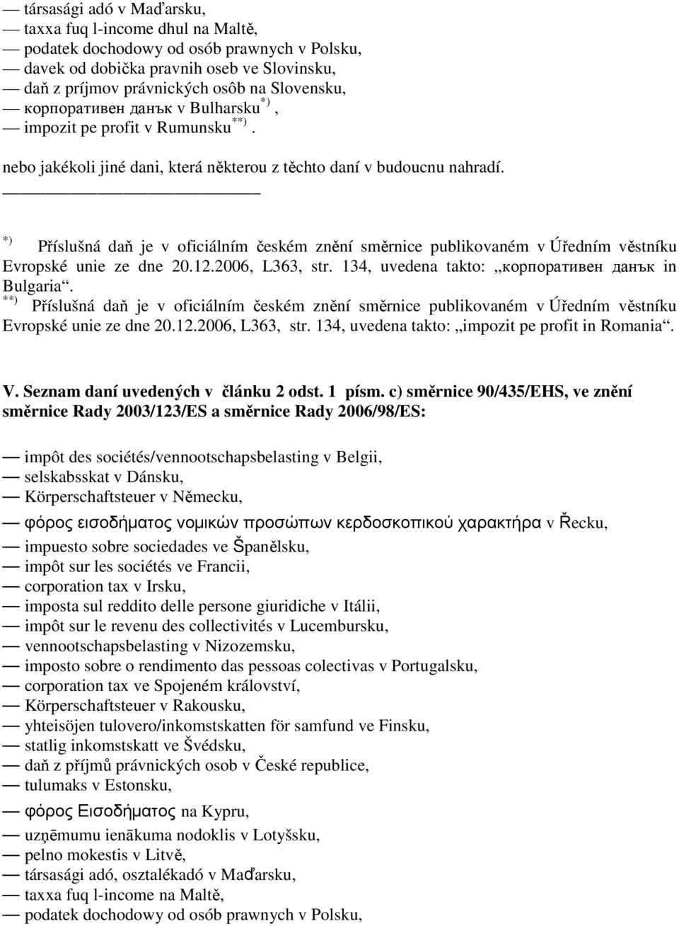 *) Příslušná daň je v oficiálním českém znění směrnice publikovaném v Úředním věstníku Evropské unie ze dne 20.12.2006, L363, str. 134, uvedena takto: корпоративен данък in Bulgaria.