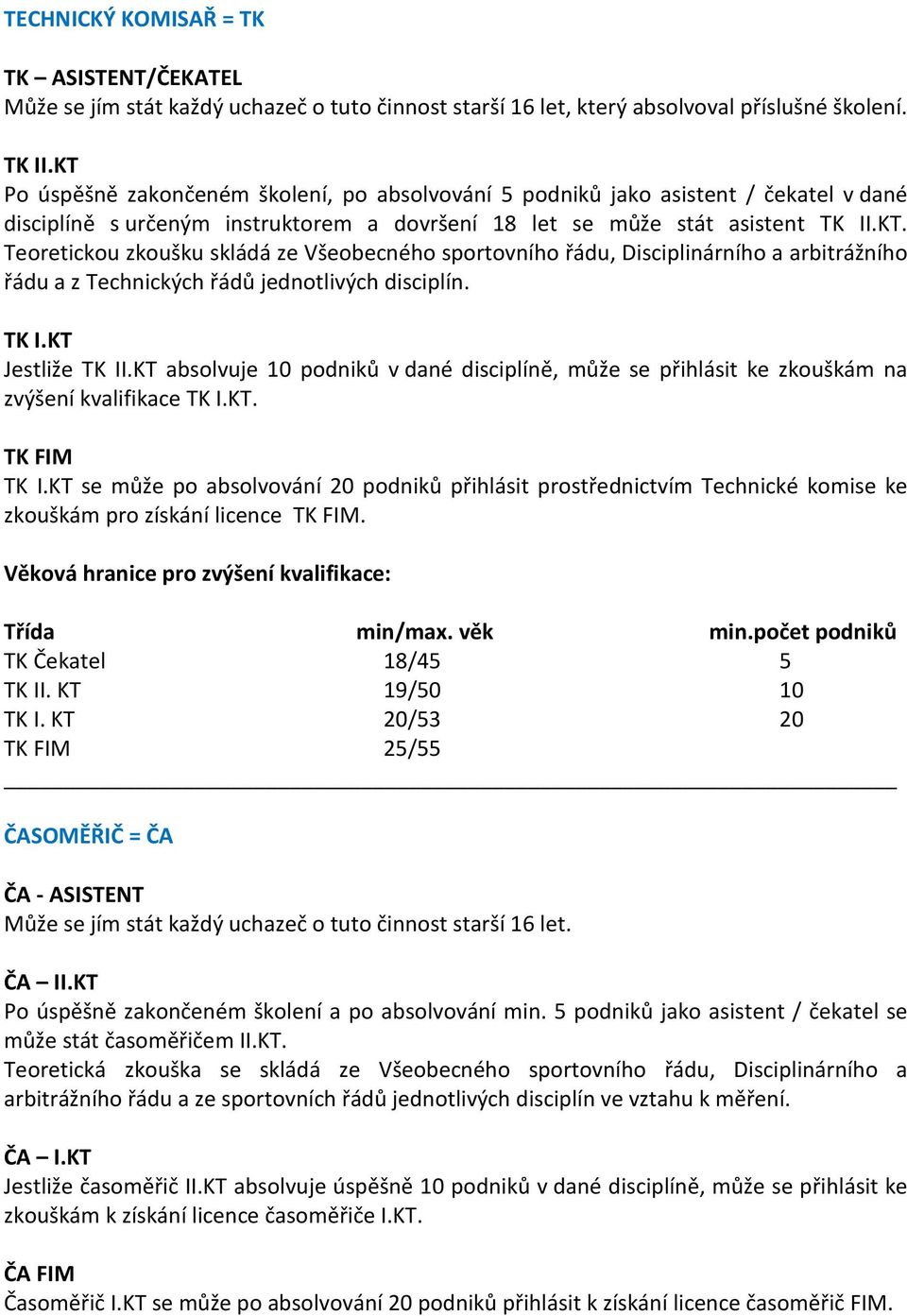 TK I.KT Jestliže TK II.KT absolvuje 10 podniků v dané disciplíně, může se přihlásit ke zkouškám na zvýšení kvalifikace TK I.KT. TK FIM TK I.