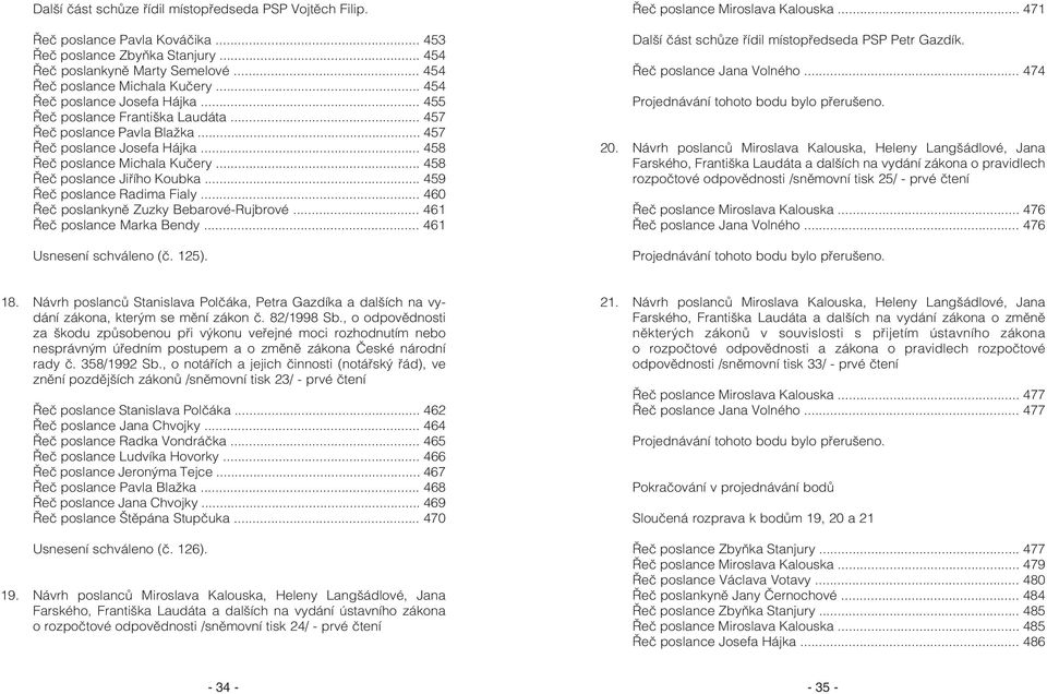 .. 458 Øeè poslance Jiøího Koubka... 459 Øeè poslance Radima Fialy... 460 Øeè poslankynì Zuzky Bebarové-Rujbrové... 461 Øeè poslance Marka Bendy... 461 Usnesení schváleno (è. 125).