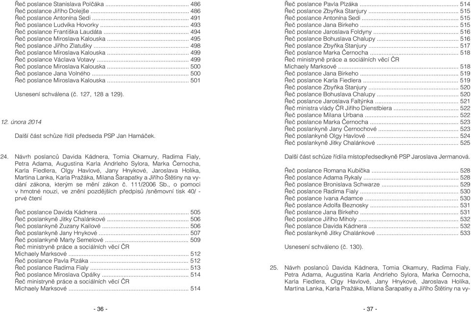 .. 500 Øeè poslance Jana Volného... 500 Øeè poslance Miroslava Kalouska... 501 Usnesení schválena (è. 127, 128 a 129). 12. února 2014 Další èást schùze øídil pøedseda PSP Jan Hamáèek. 24.