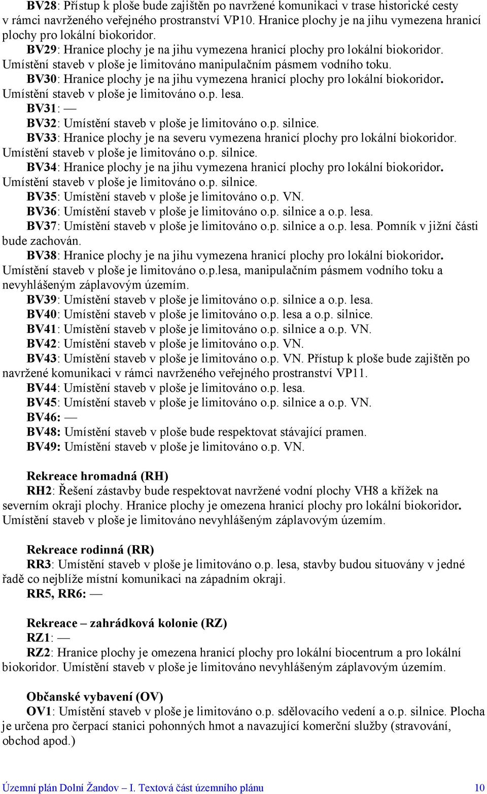 Umístění staveb v ploše je limitováno manipulačním pásmem vodního toku. BV30: Hranice plochy je na jihu vymezena hranicí plochy pro lokální biokoridor. Umístění staveb v ploše je limitováno o.p. lesa.