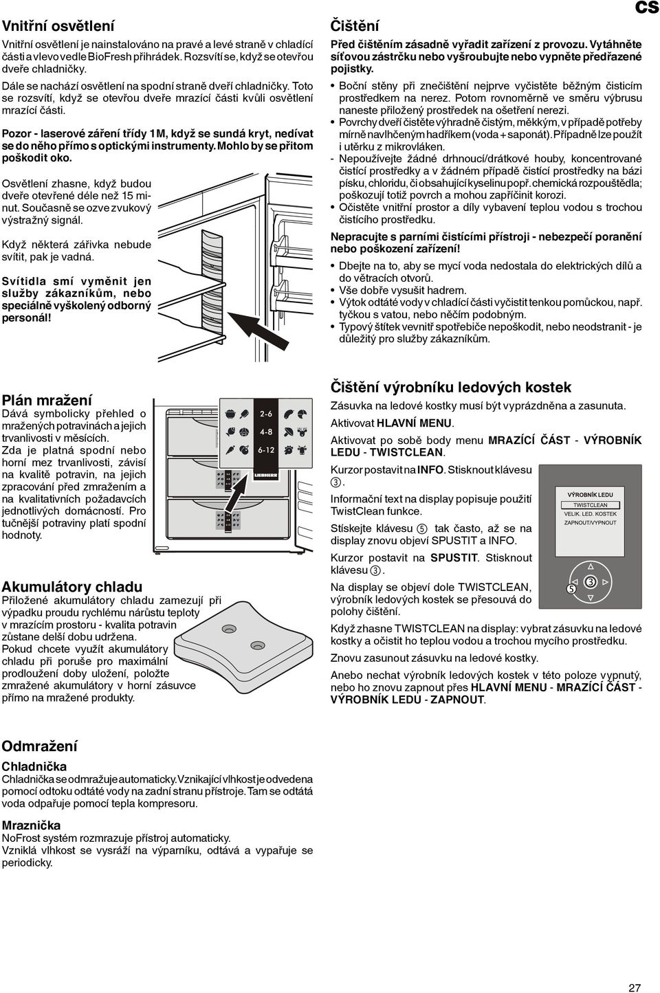 Pozor - laserové záření třídy 1M, když se sundá kryt, nedívat se do něho přímo s optickými instrumenty. Mohlo by se přitom poškodit oko. Osvětlení zhasne, když budou dveře otevřené déle než 15 minut.