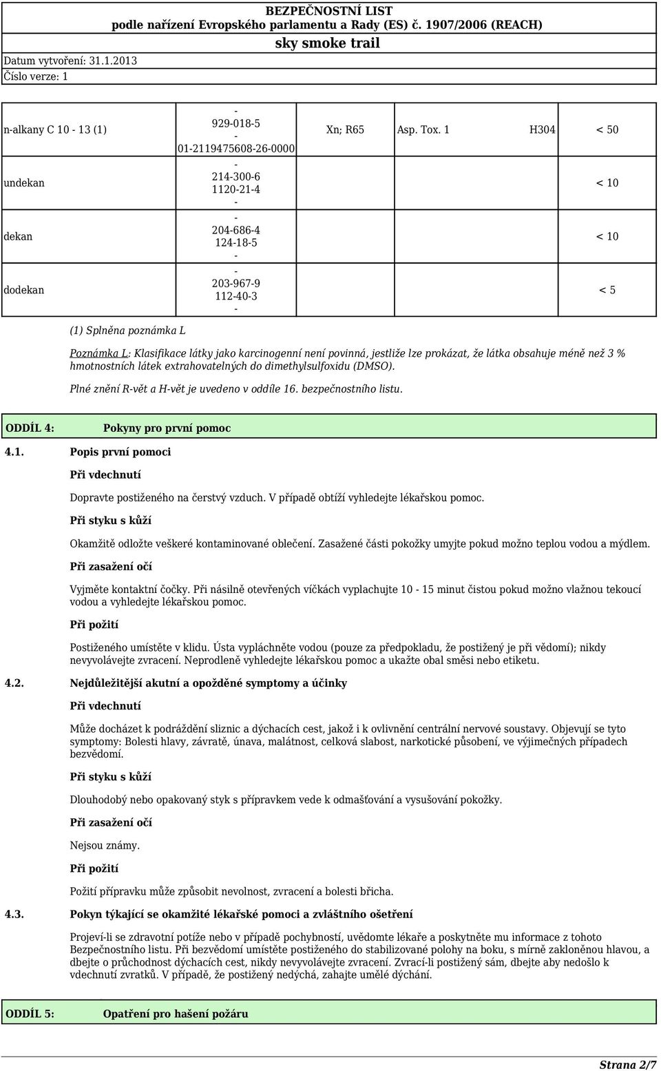 extrahovatelných do dimethylsulfoxidu (DMSO). Plné znění Rvět a Hvět je uvedeno v oddíle 16. bezpečnostního listu. ODDÍL 4: Pokyny pro první pomoc 4.1. Popis první pomoci Při vdechnutí Dopravte postiženého na čerstvý vzduch.