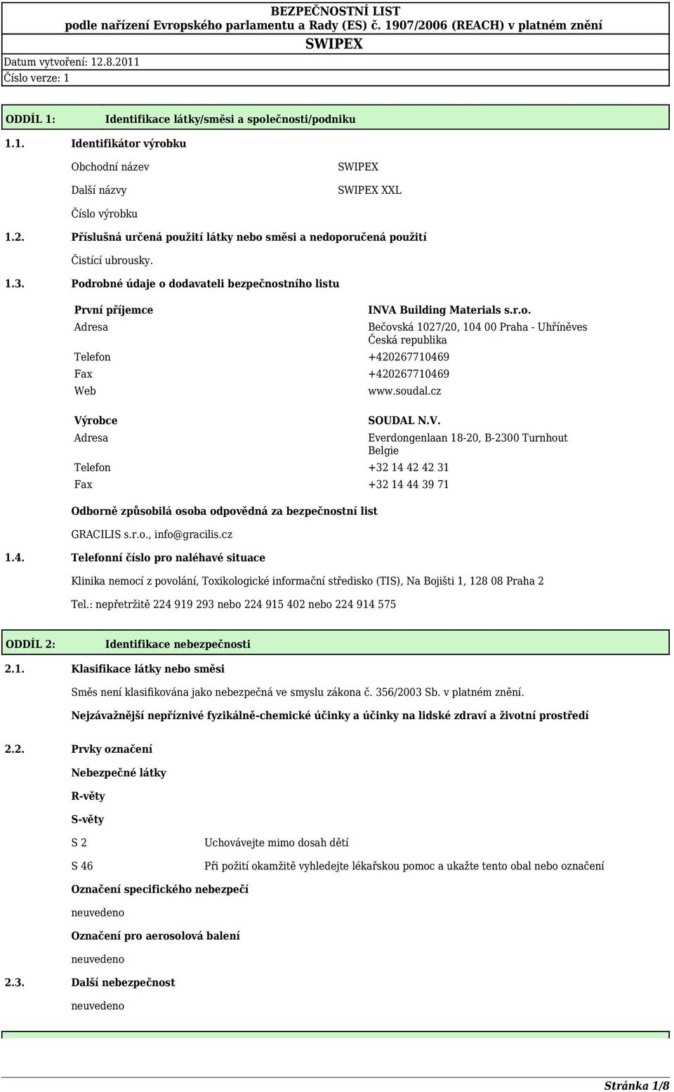 Podrobné údaje o dodavateli bezpečnostního listu První příjemce Adresa Telefon +420267710469 Fax +420267710469 Web Výrobce Adresa INVA Building Materials s.r.o. Bečovská 1027/20, 104 00 Praha - Uhříněves Česká republika www.