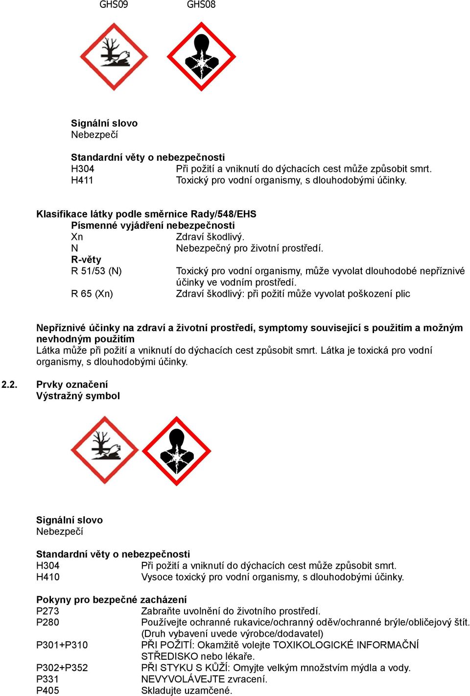 R-věty R 51/53 (N) Toxický pro vodní organismy, může vyvolat dlouhodobé nepříznivé účinky ve vodním prostředí.