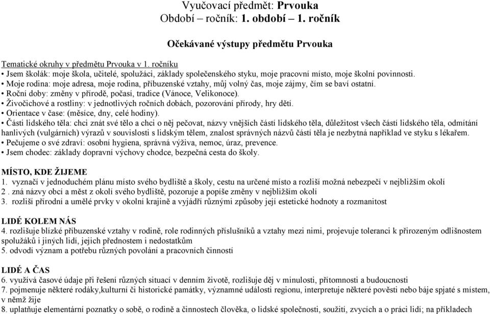 Moje rodina: moje adresa, moje rodina, příbuzenské vztahy, můj volný čas, moje zájmy, čím se baví ostatní. Roční doby: změny v přírodě, počasí, tradice (Vánoce, Velikonoce).