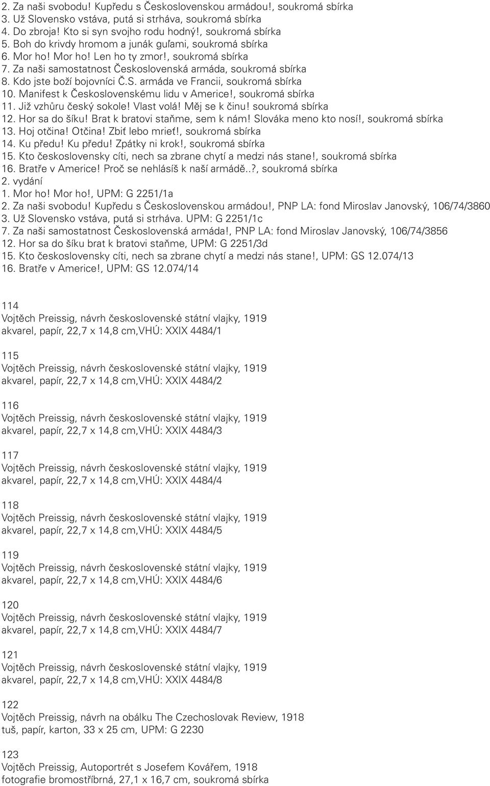 armáda ve Francii, soukromá sbírka 10. Manifest k Československému lidu v Americe!, soukromá sbírka 11. Již vzhůru český sokole! Vlast volá! Měj se k činu! soukromá sbírka 12. Hor sa do šíku!