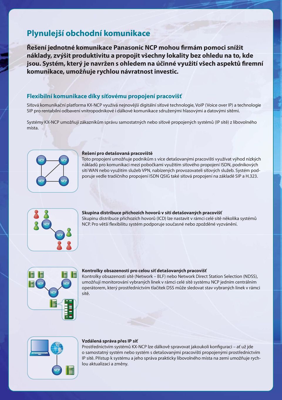 Flexibilní komunikace díky síťovému propojení pracovišť Síťová komunikační platforma KX-NCP využívá nejnovější digitální síťové technologie, VoIP (Voice over IP) a technologie SIP pro rentabilní