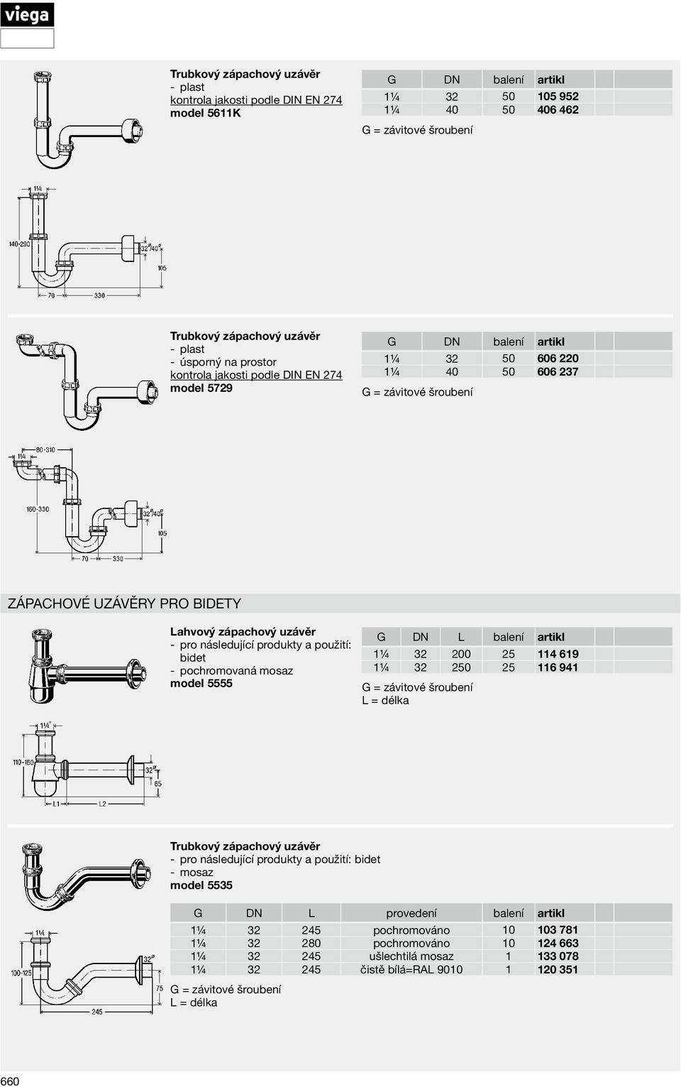 25 114 619 1¼ 32 250 25 116 941 Trubkový zápachový uzávěr bidet mosaz model 5535 G DN L provedení balení artikl 1¼ 32 245