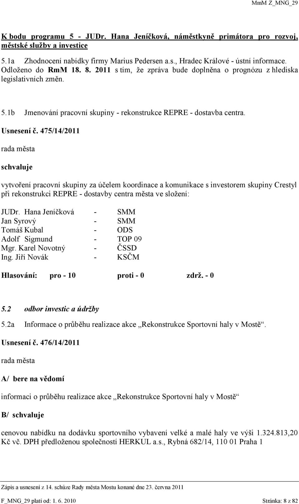 475/14/2011 schvaluje vytvoření pracovní skupiny za účelem koordinace a komunikace s investorem skupiny Crestyl při rekonstrukci REPRE - dostavby centra města ve sloţení: JUDr.