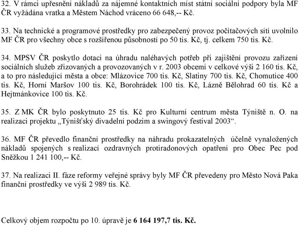 MPSV ČR poskytlo dotaci na úhradu naléhavých potřeb při zajištění provozu zařízení sociálních služeb zřizovaných a provozovaných v r. 2003 obcemi v celkové výši 2 160 tis.