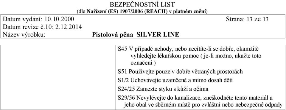 pomoc ( je-li možno, ukažte toto označení ) S51 Používejte pouze v dobře větraných prostorách S1/2