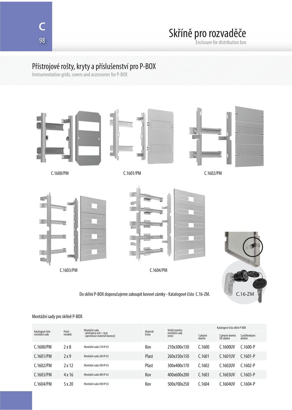 .6-zm Montážní sady pro skříně P-OX Katalogové číslo montážní sady Počet modulů Montážní sada - přístrojový rošt + kryt - upevňovací materiál (kovový) Materiál krytu Vnější rozměry montážní sady S