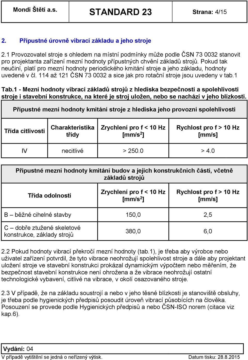 Pokud tak neučiní, platí pro mezní hodnoty periodického kmitání stroje a jeho základu, hodnoty uvedené v čl. 114 až 121 ČSN 73 0032 a sice jak pro rotační stroje jsou uvedeny v tab.1 Tab.