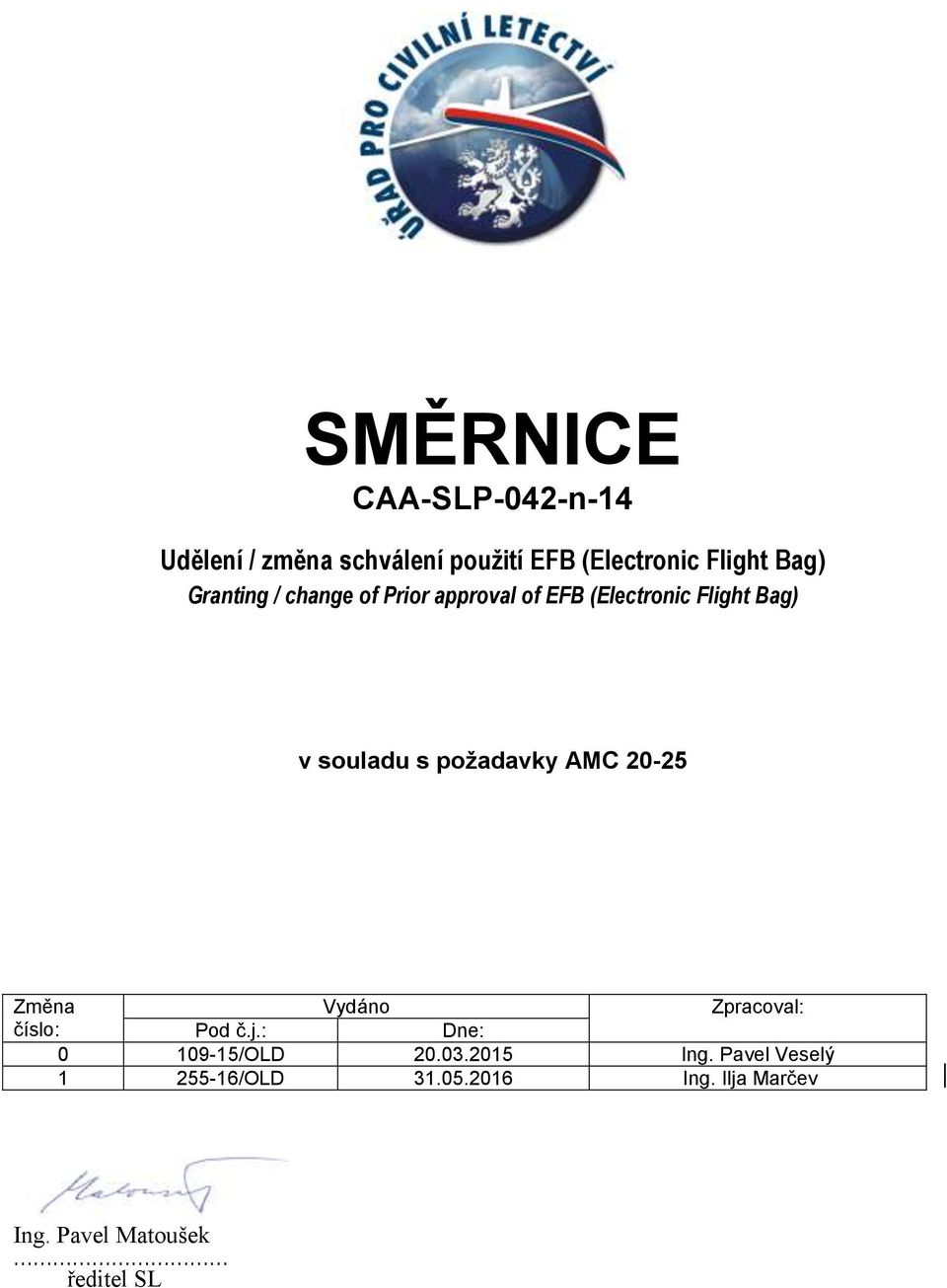 požadavky AMC 20-25 Změna Vydáno Zpracoval: číslo: Pod č.j.: Dne: 0 109-15/OLD 20.03.