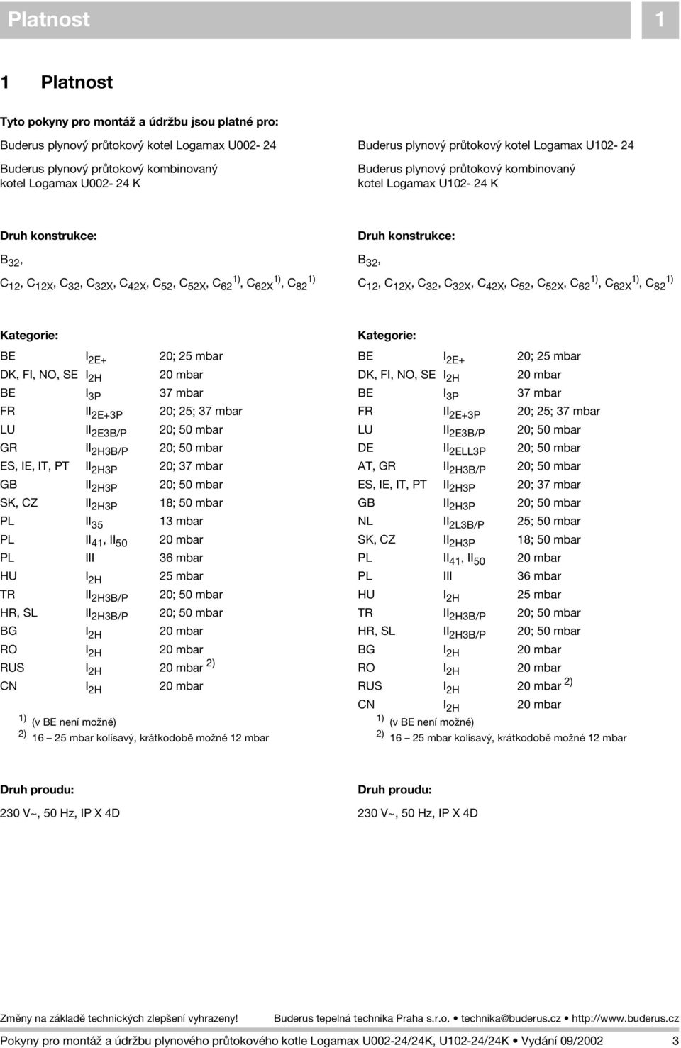 konstrukce: B 32, C 12, C 12X, C 32, C 32X, C 42X, C 52, C 52X, C 62 1), C 62X 1), C 82 1) Kategorie: BE I 2E+ 20; 25 mbar DK, FI, NO, SE I 2H 20 mbar BE I 3P 37 mbar FR II 2E+3P 20; 25; 37 mbar LU