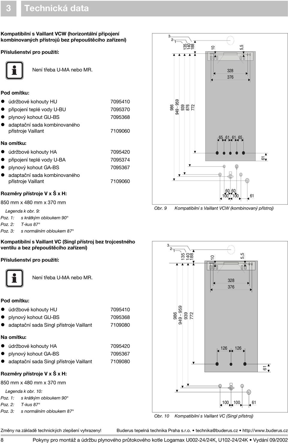 772 65 61 61 65 údr bové kohouty HA 7095420 pøipojení teplé vody U-BA 7095374 plynový kohout GA-BS 7095367 adaptaèní sada kombinovaného pøístroje Vaillant 7109060 61 Rozmìry pøístroje V x Š x H: 850