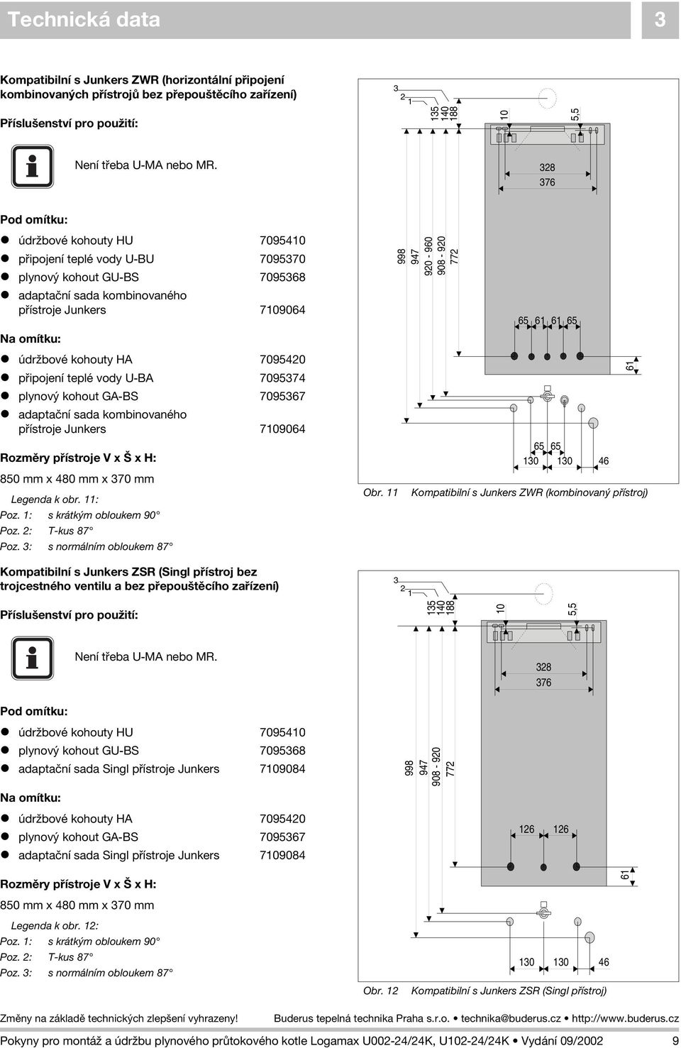 7095420 pøipojení teplé vody U-BA 7095374 plynový kohout GA-BS 7095367 adaptaèní sada kombinovaného pøístroje Junkers 7109064 Rozmìry pøístroje V x Š x H: 850 mm x 480 mm x 370 mm Legenda k obr.