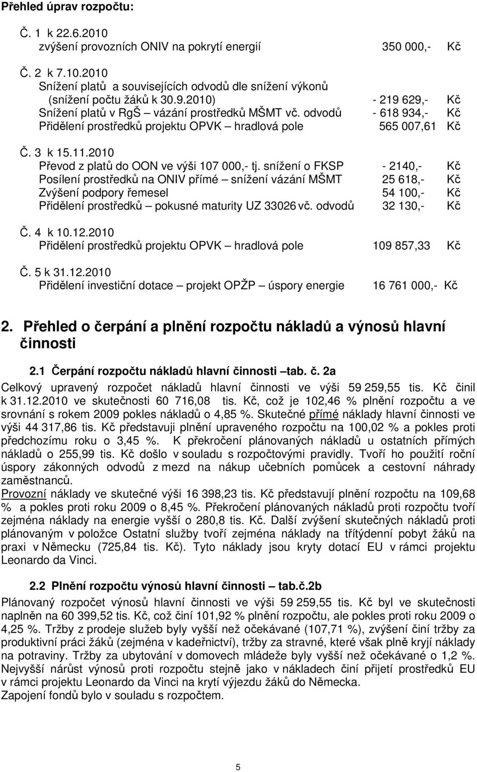 2010 Převod z platů do OON ve výši 107 000,- tj.